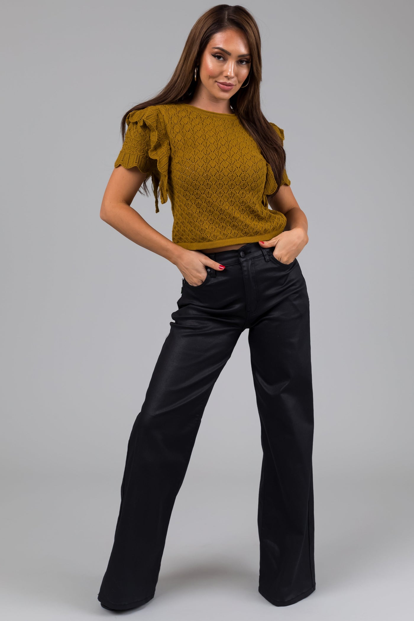 Vibrant Black High Rise Zipper Fly Wide Leg Coated Jeans