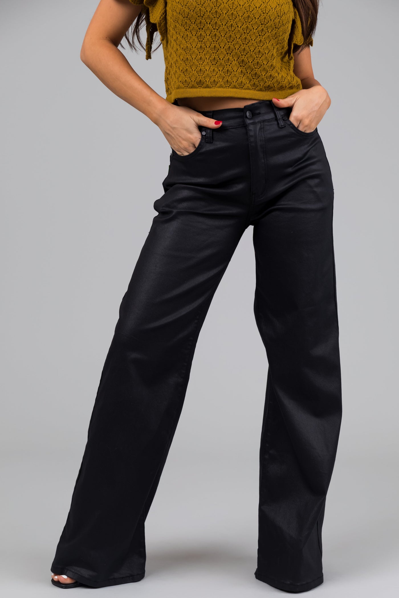 Vibrant Black High Rise Zipper Fly Wide Leg Coated Jeans