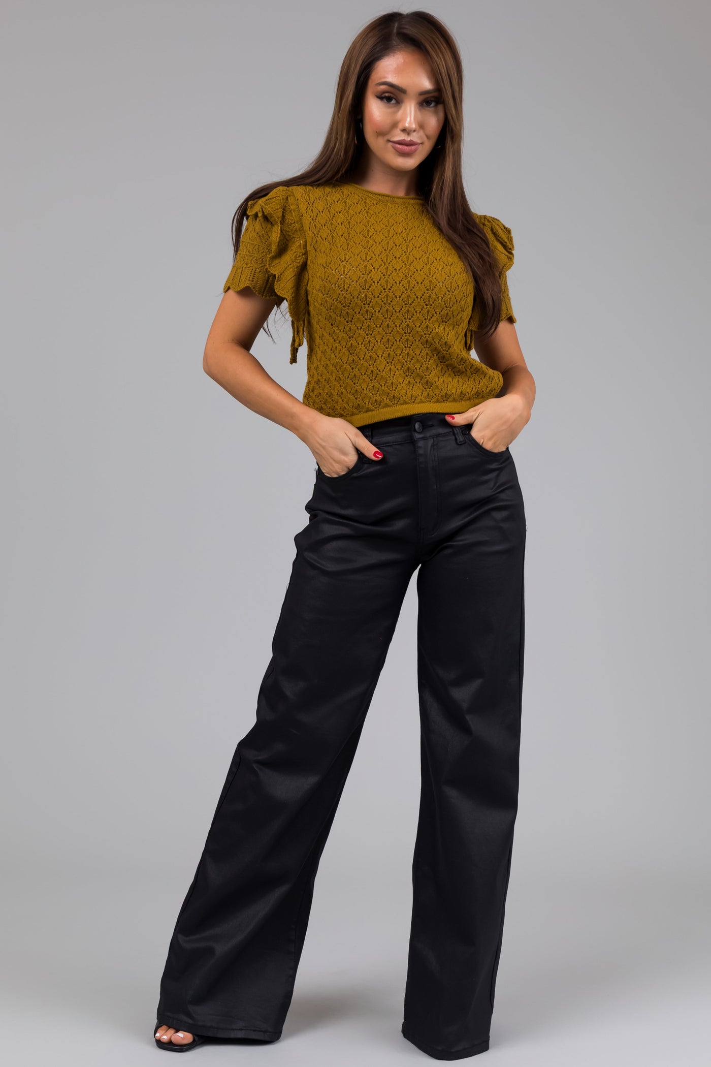 Vibrant Black High Rise Zipper Fly Wide Leg Coated Jeans