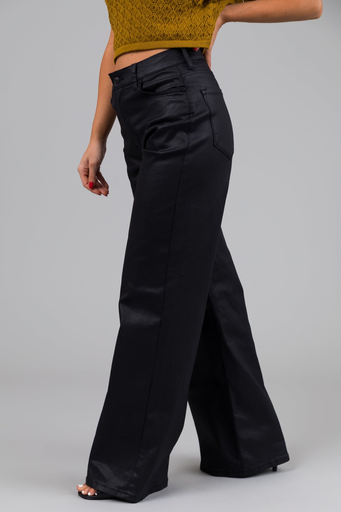 Vibrant Black High Rise Zipper Fly Wide Leg Coated Jeans