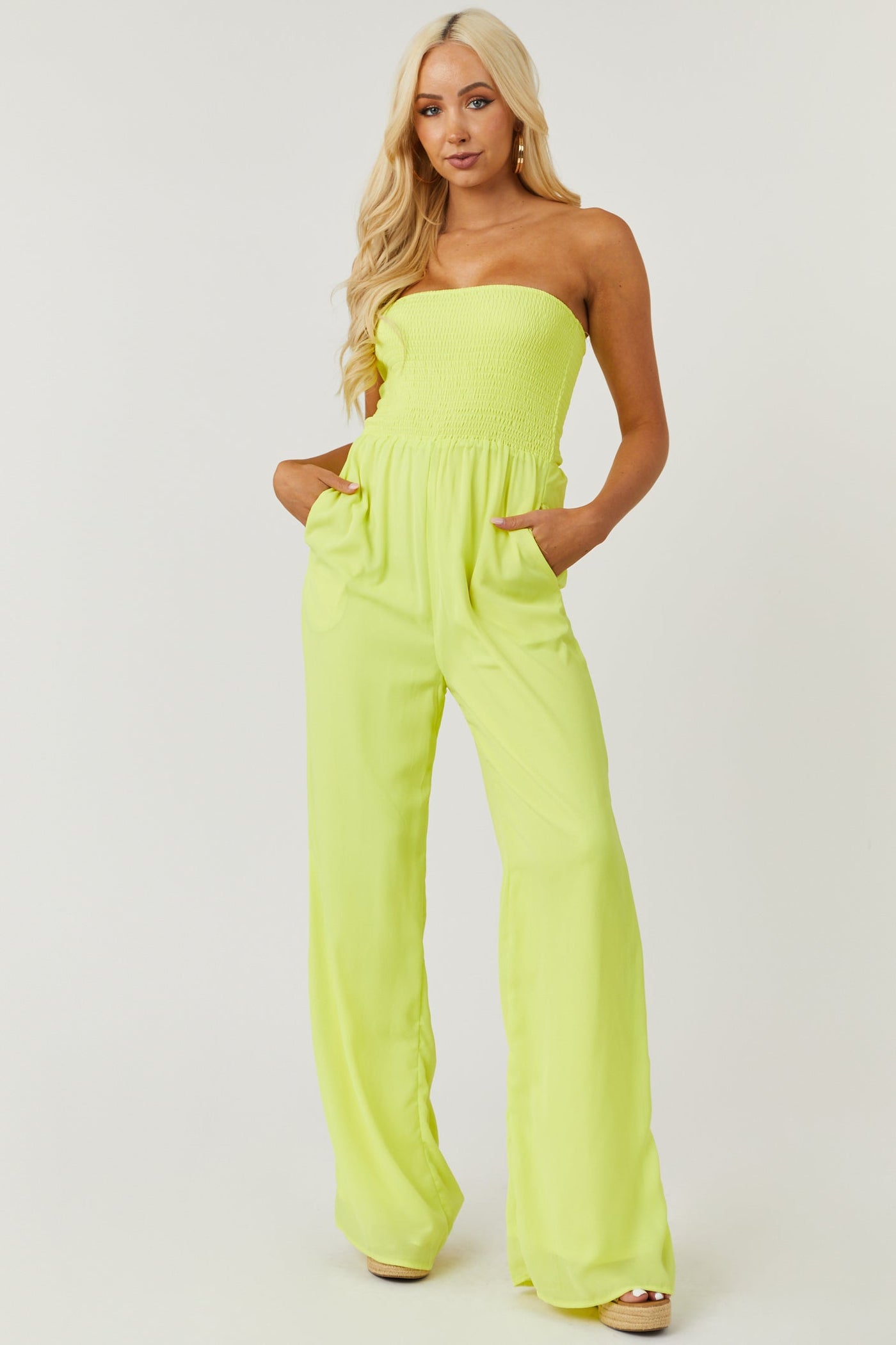 Vibrant Lemon Smocked Strapless Woven Jumpsuit