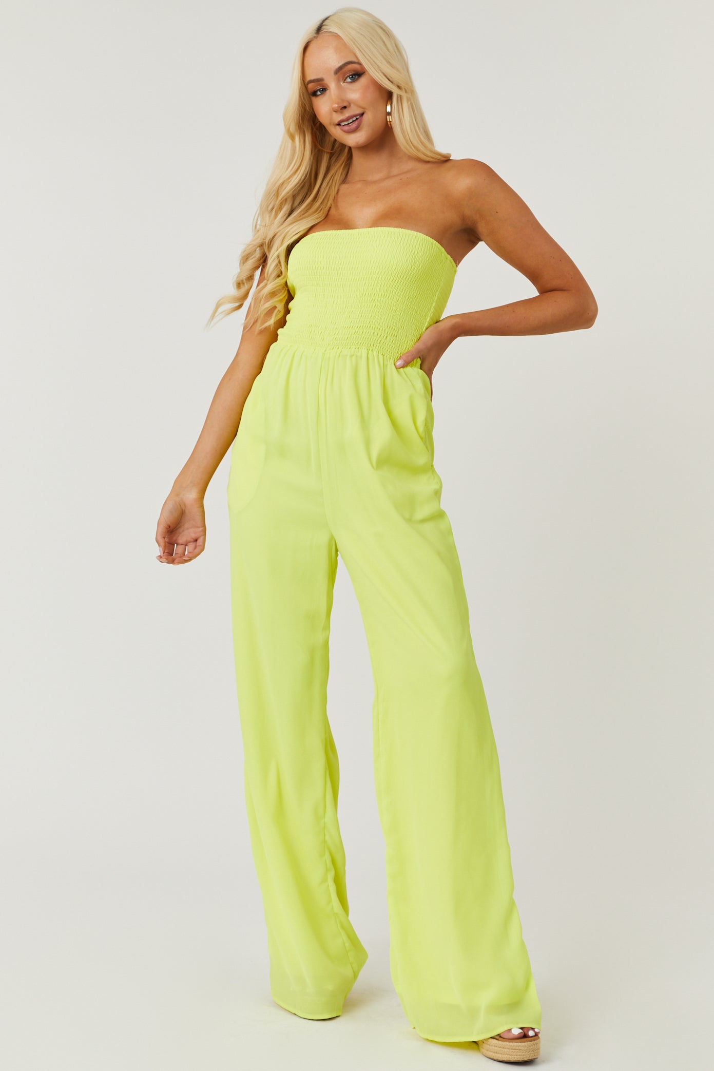 Vibrant Lemon Smocked Strapless Woven Jumpsuit