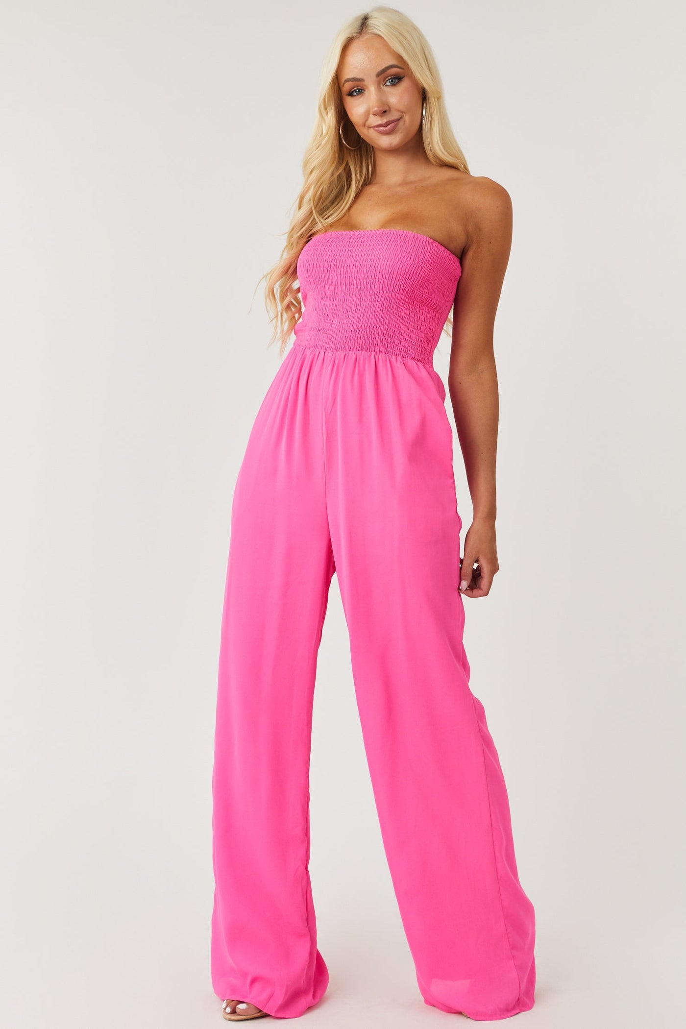 Vibrant Magenta Smocked Strapless Woven Jumpsuit
