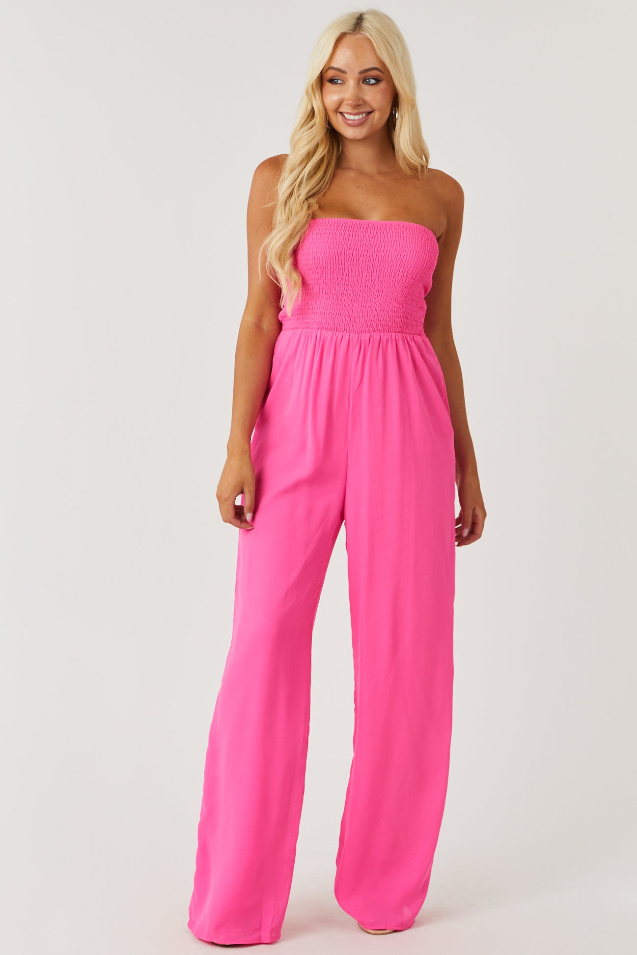 Vibrant Magenta Smocked Strapless Woven Jumpsuit