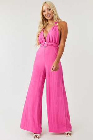 Vibrant Pink Plunging Neck O-Ring Jumpsuit