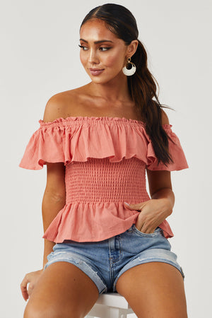 Vintage Coral Smocked Off Shoulder Peplum Top
