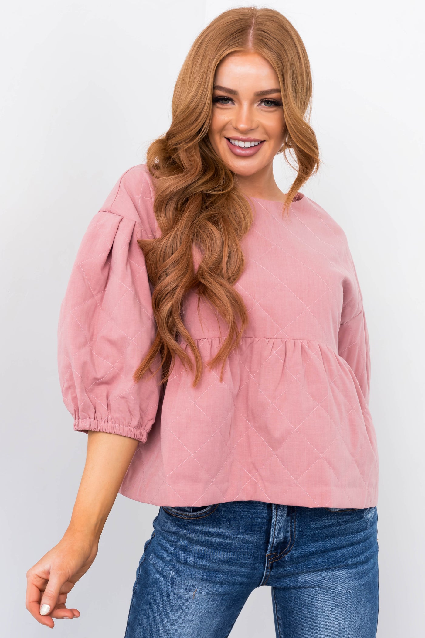 Vintage Pink Quilted Babydoll Bubble Sleeve Top