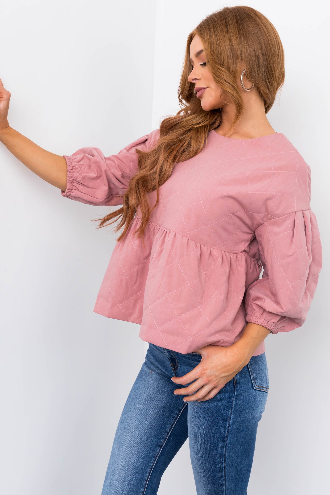 Vintage Pink Quilted Babydoll Bubble Sleeve Top