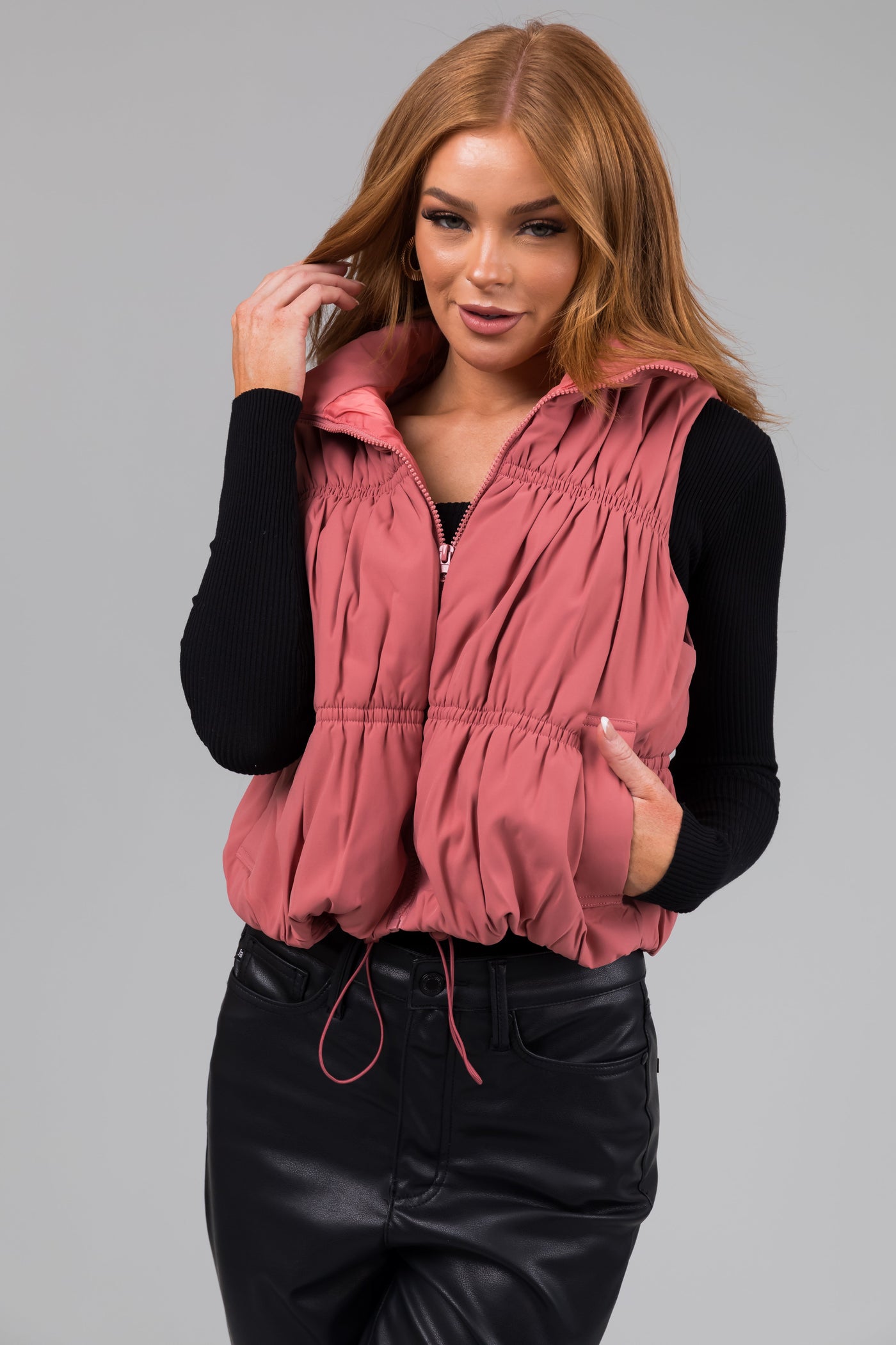 Vintage Rose Zip Up Cinch Detail Puffer Vest