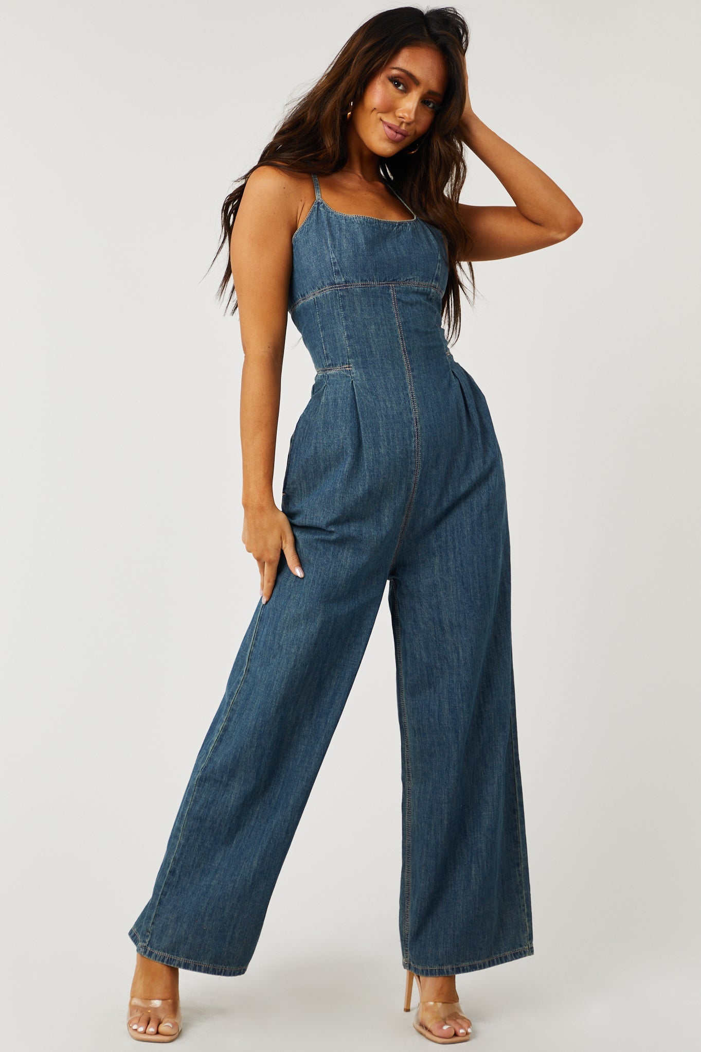 Vintage Wash Open Back Denim Jumpsuit with Pockets