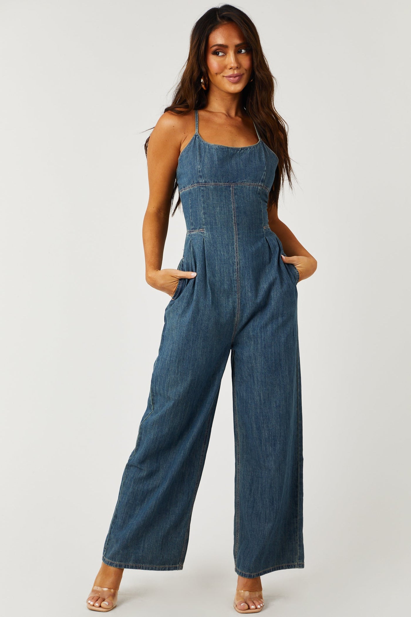 Vintage Wash Open Back Denim Jumpsuit with Pockets