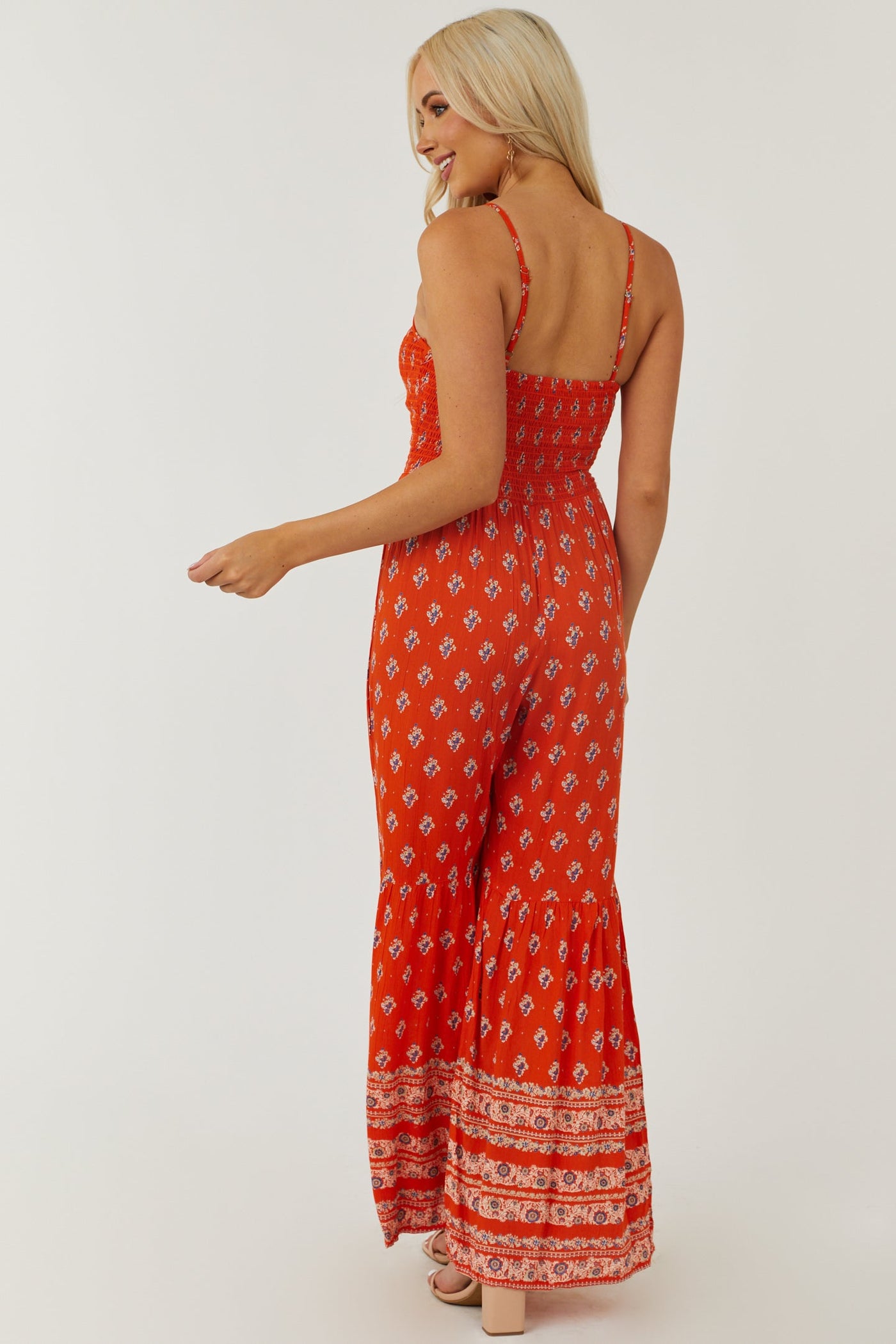 Vivid Fire Floral Print Smocked Flare Jumpsuit