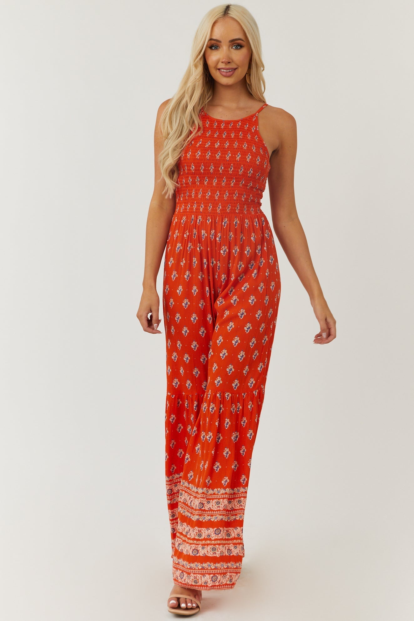 Vivid Fire Floral Print Smocked Flare Jumpsuit