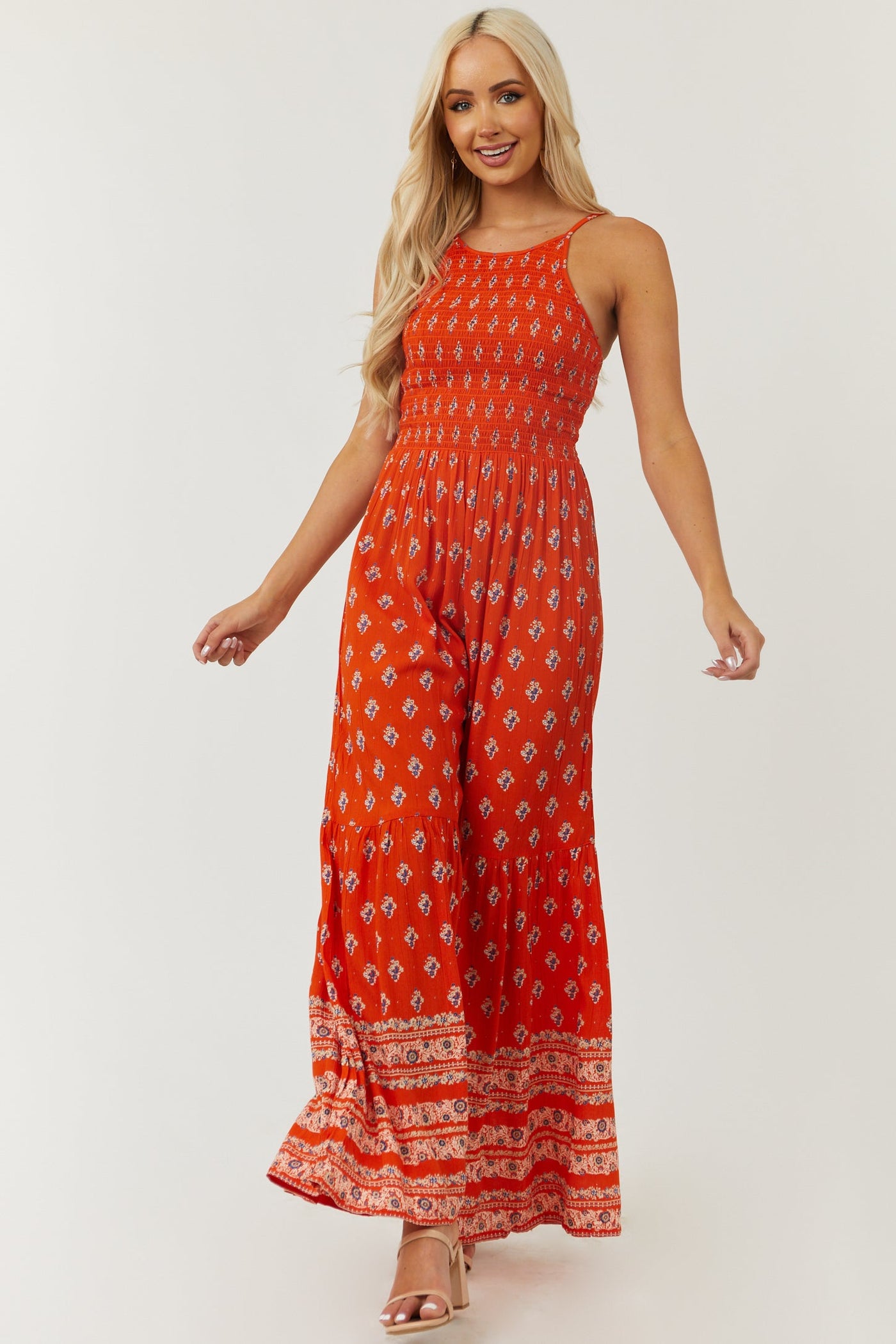 Vivid Fire Floral Print Smocked Flare Jumpsuit