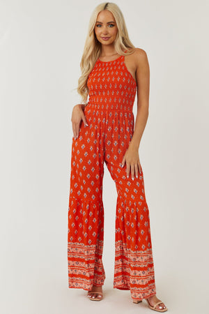 Vivid Fire Floral Print Smocked Flare Jumpsuit