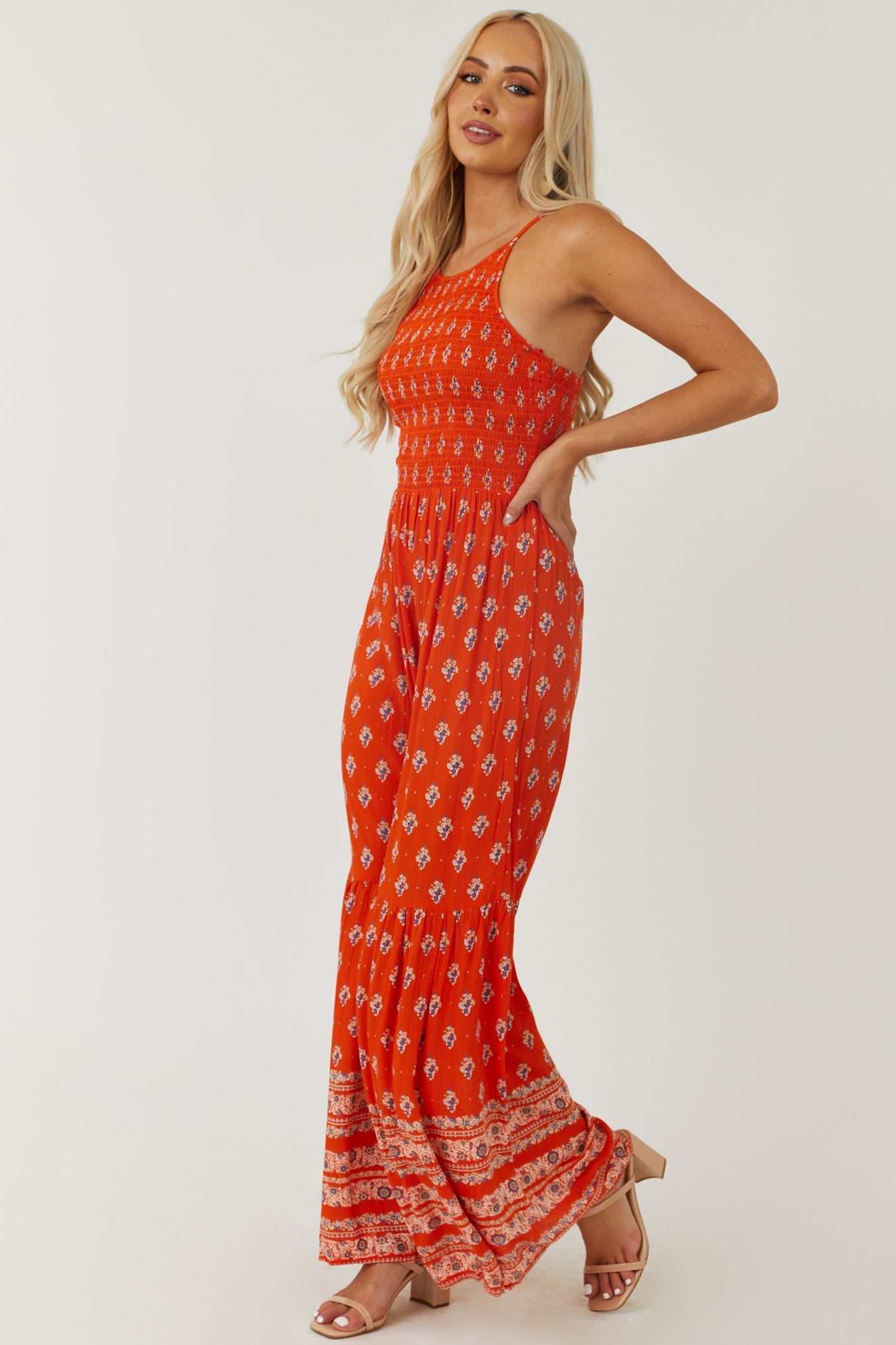 Vivid Fire Floral Print Smocked Flare Jumpsuit