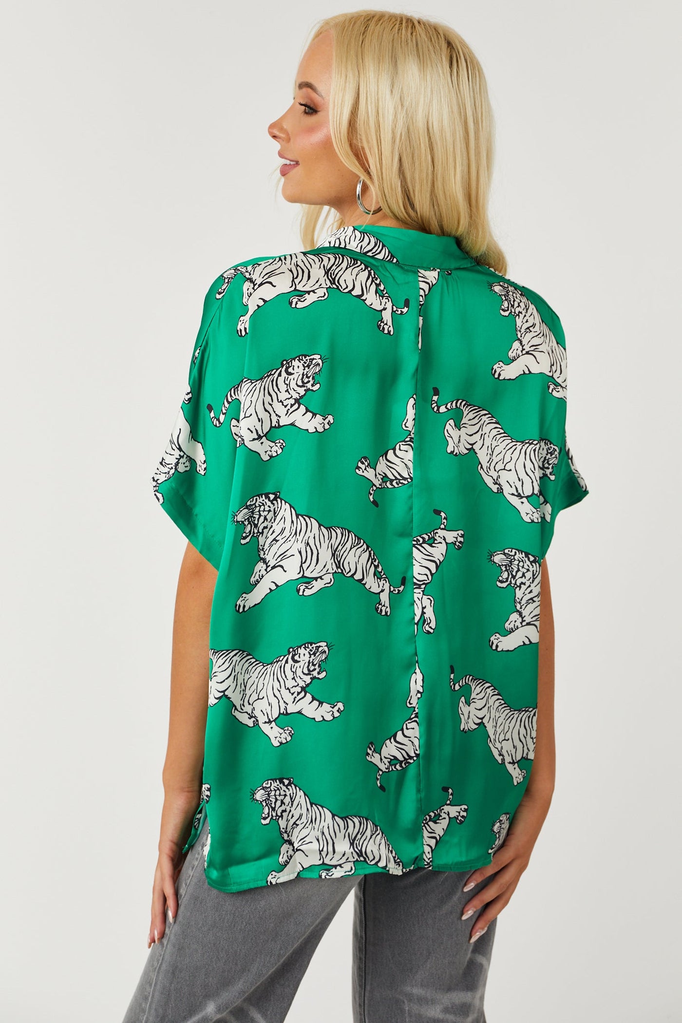 Vivid Jade Tiger Printed Button Down Satin Blouse