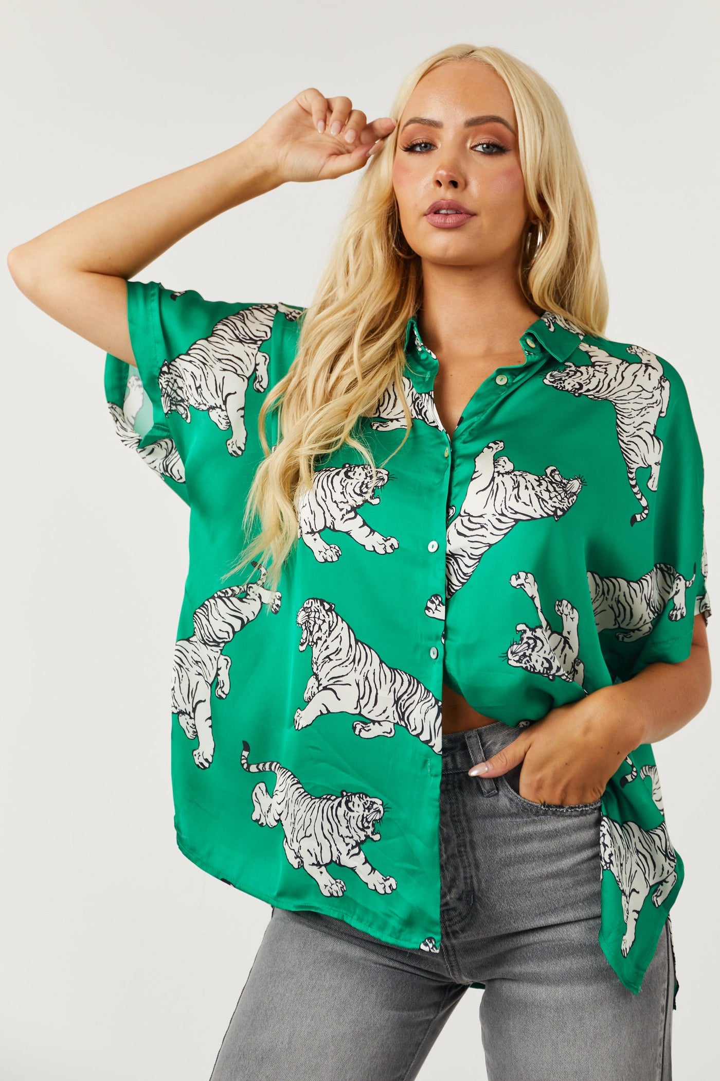 Vivid Jade Tiger Printed Button Down Satin Blouse