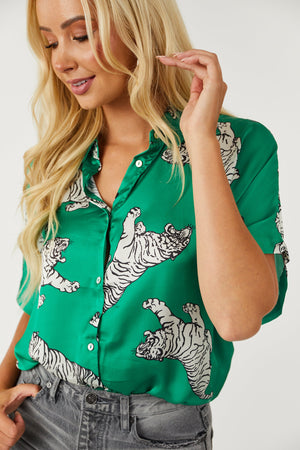 Vivid Jade Tiger Printed Button Down Satin Blouse