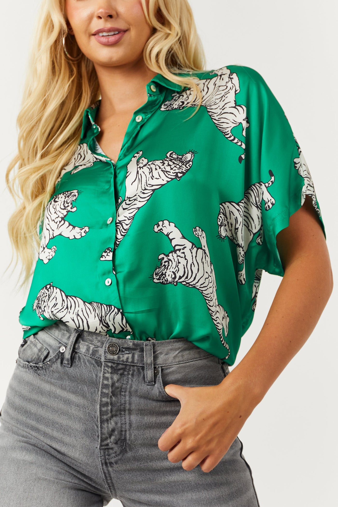 Vivid Jade Tiger Printed Button Down Satin Blouse