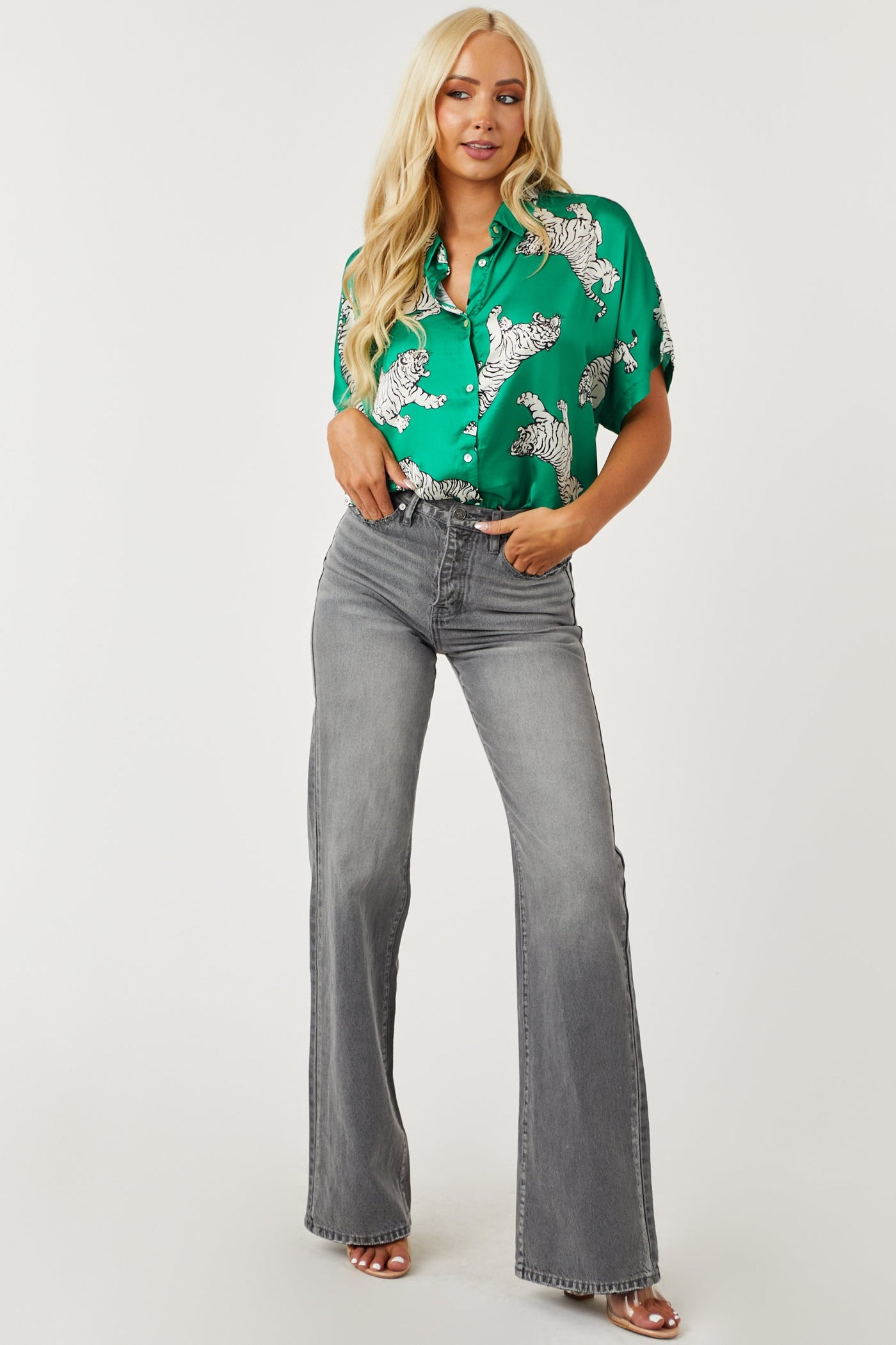 Vivid Jade Tiger Printed Button Down Satin Blouse