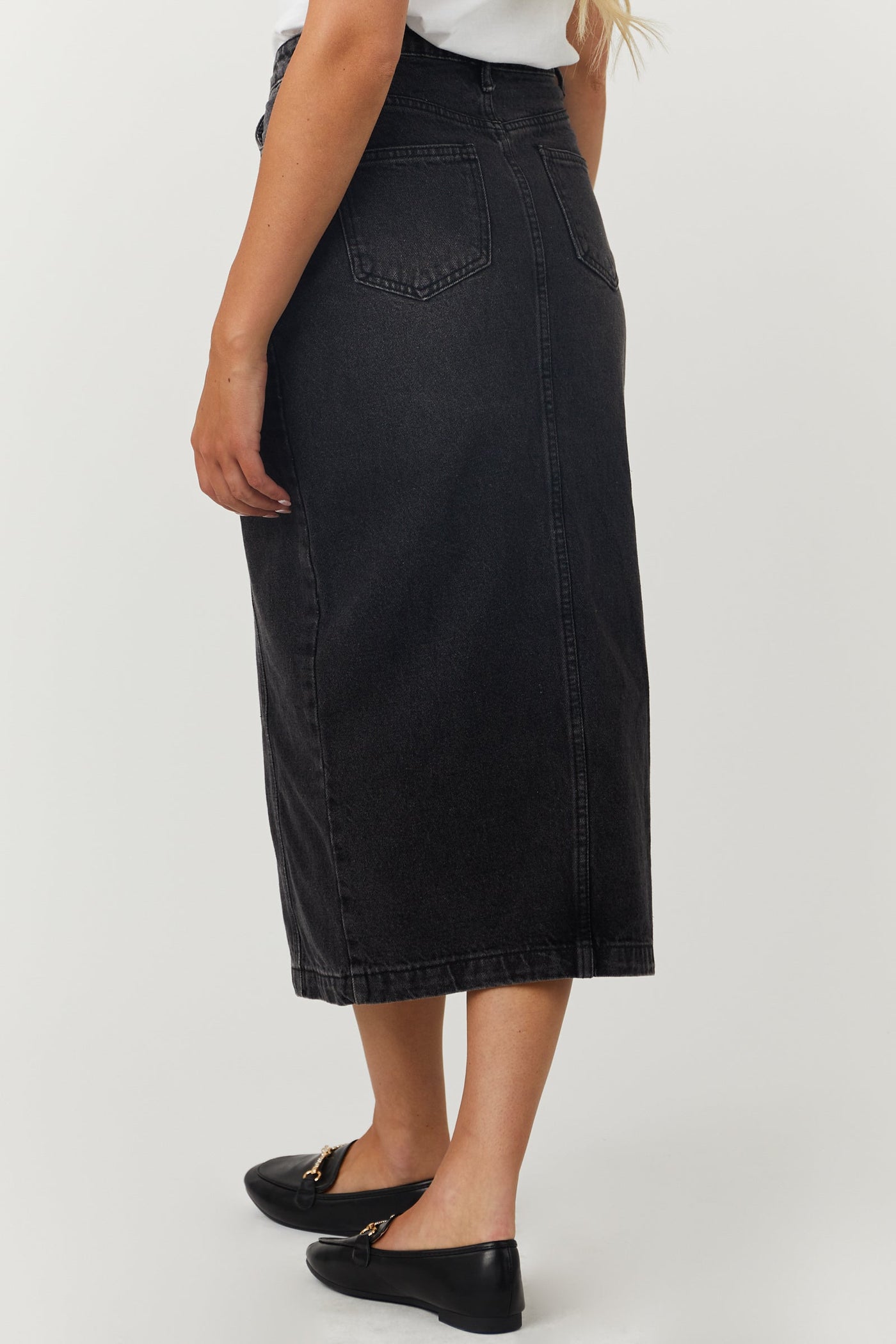 Washed Black Button Fly Denim Midi Skirt