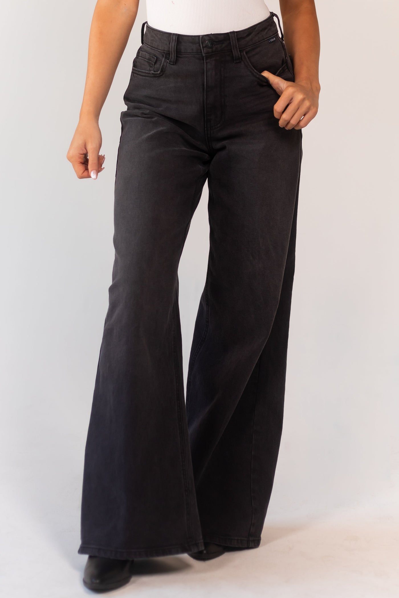 Washed Black Vintage Zipper Fly Wide Leg Jeans