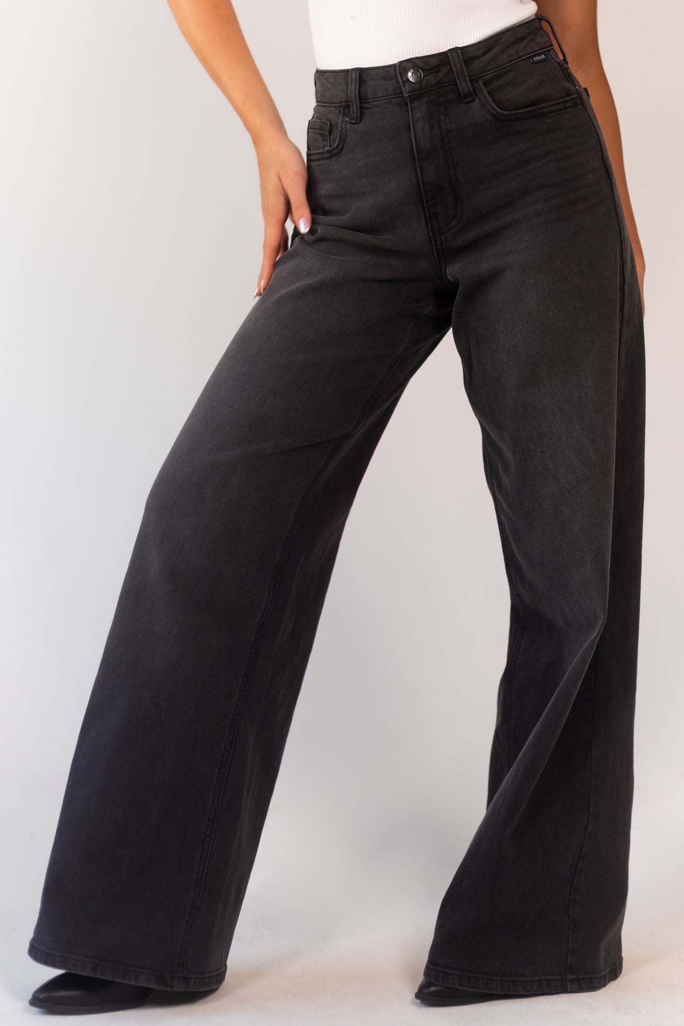 Washed Black Vintage Zipper Fly Wide Leg Jeans