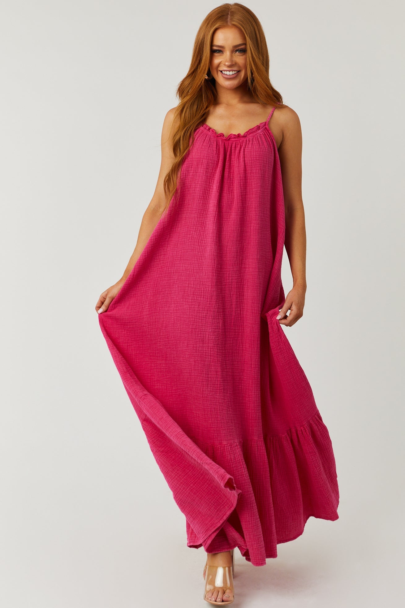 Washed Hot Pink Sleeveless Gauze Maxi Dress