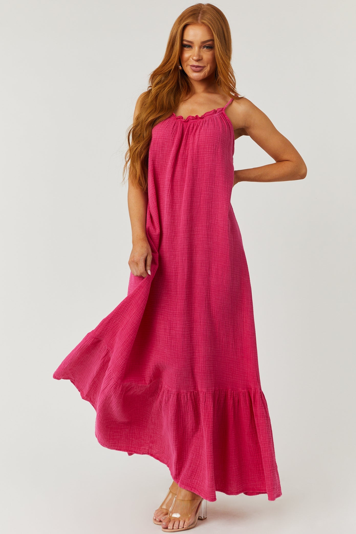Washed Hot Pink Sleeveless Gauze Maxi Dress