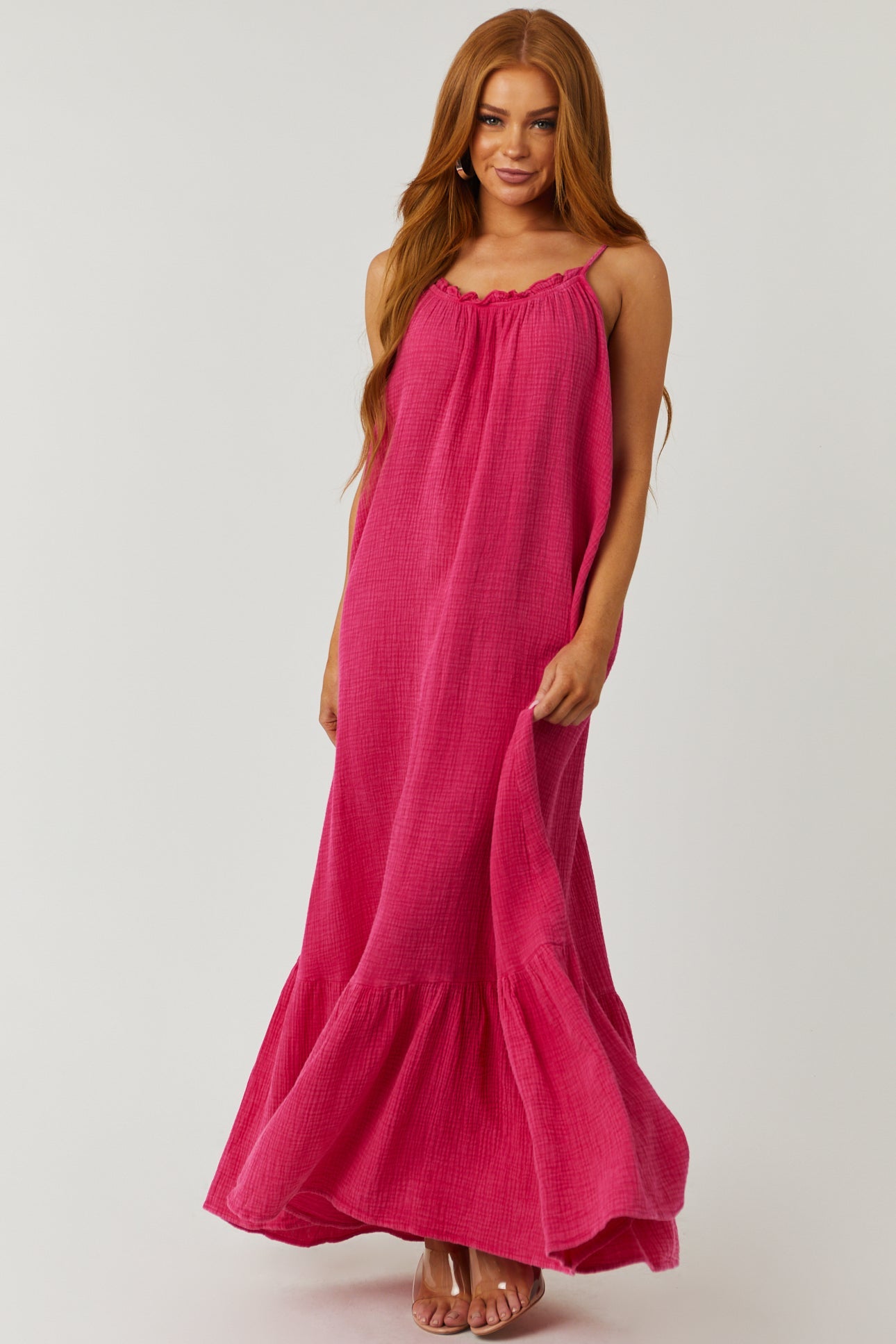 Washed Hot Pink Sleeveless Gauze Maxi Dress