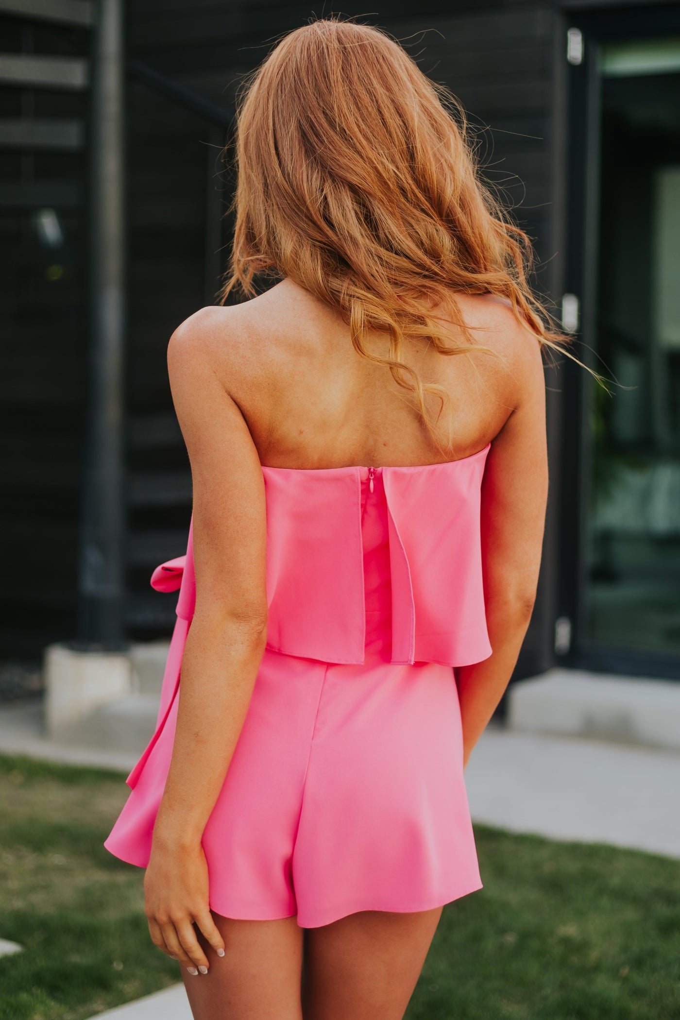 Watermelon Strapless Side Tie Ruffle Overlay Romper