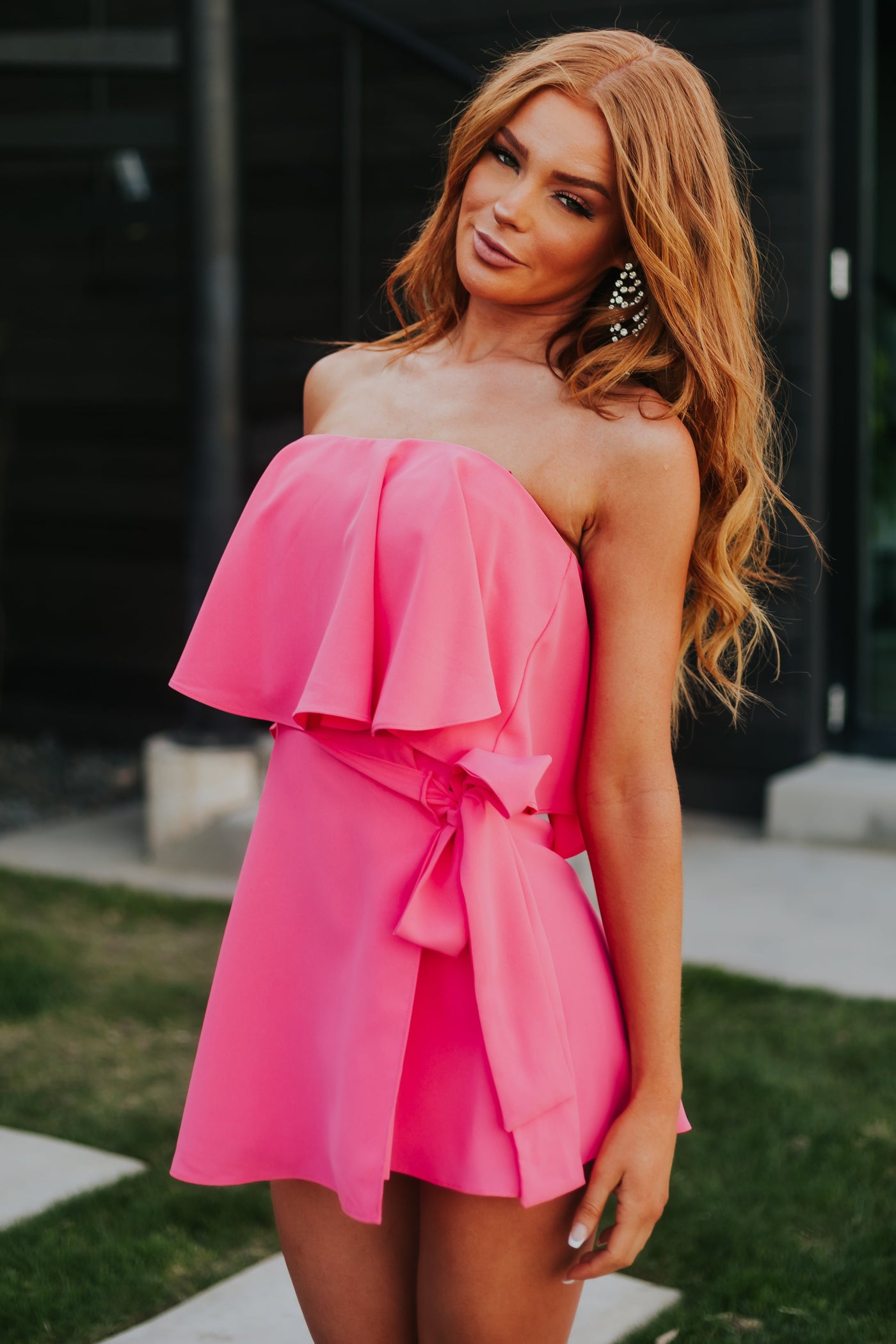 Watermelon Strapless Side Tie Ruffle Overlay Romper