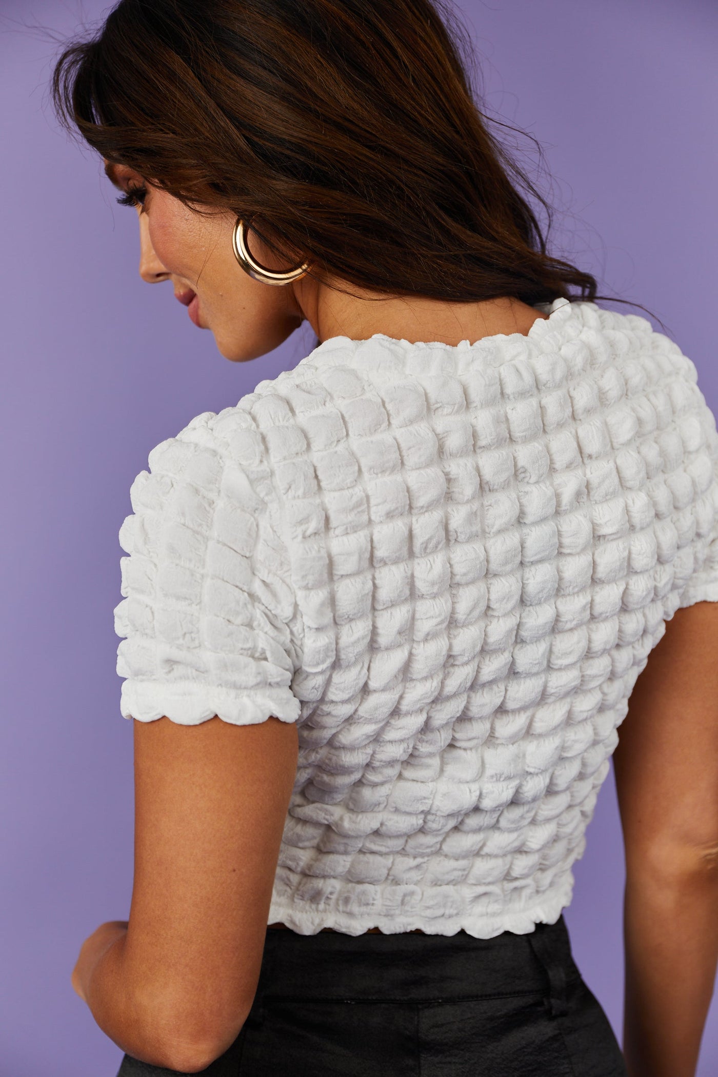 White Bubble Textured Short Sleeve Crop Top