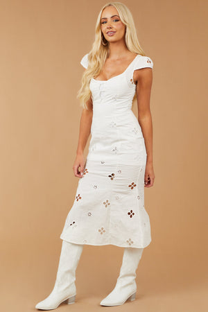 White Cap Sleeve Midi Dress with Flower Cut Outs