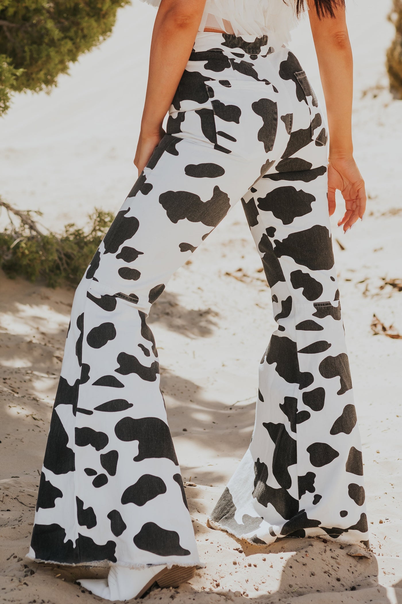 White Cow Print High Rise Bell Bottom Jeans