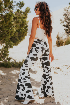 White Cow Print High Rise Bell Bottom Jeans