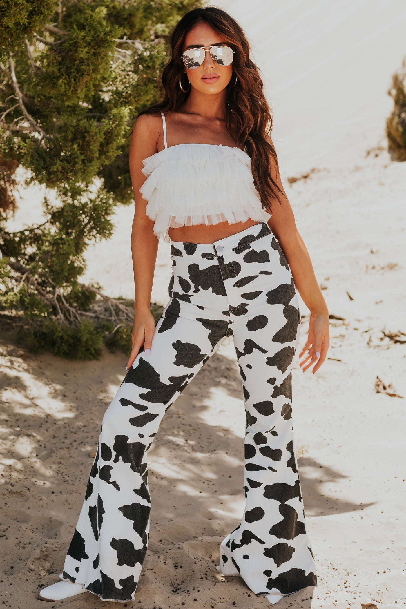 White Cow Print High Rise Bell Bottom Jeans