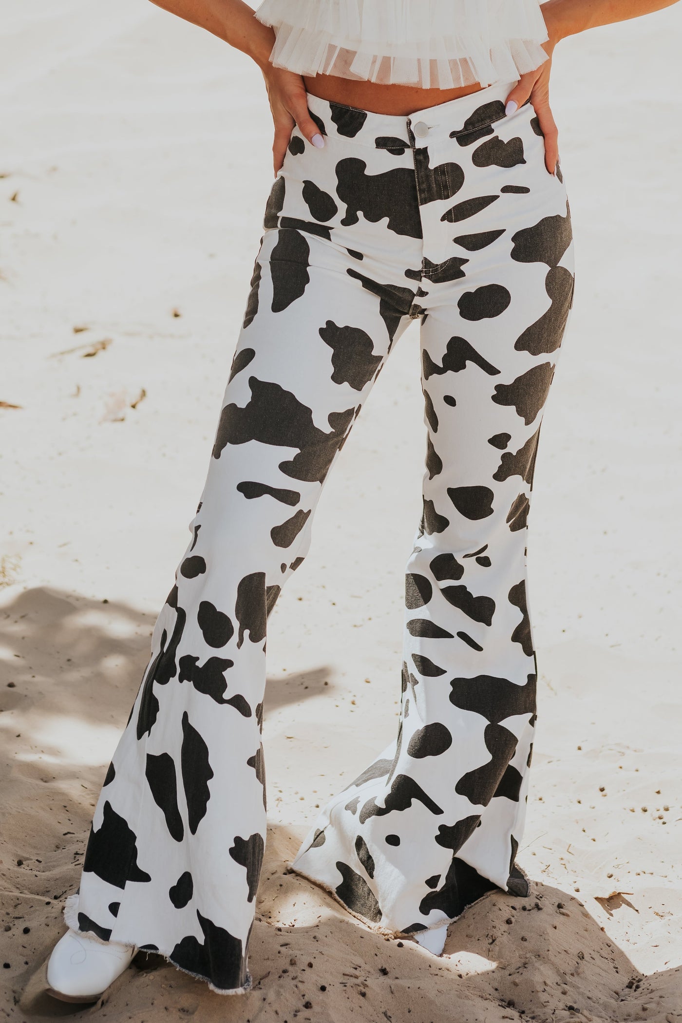 White Cow Print High Rise Bell Bottom Jeans