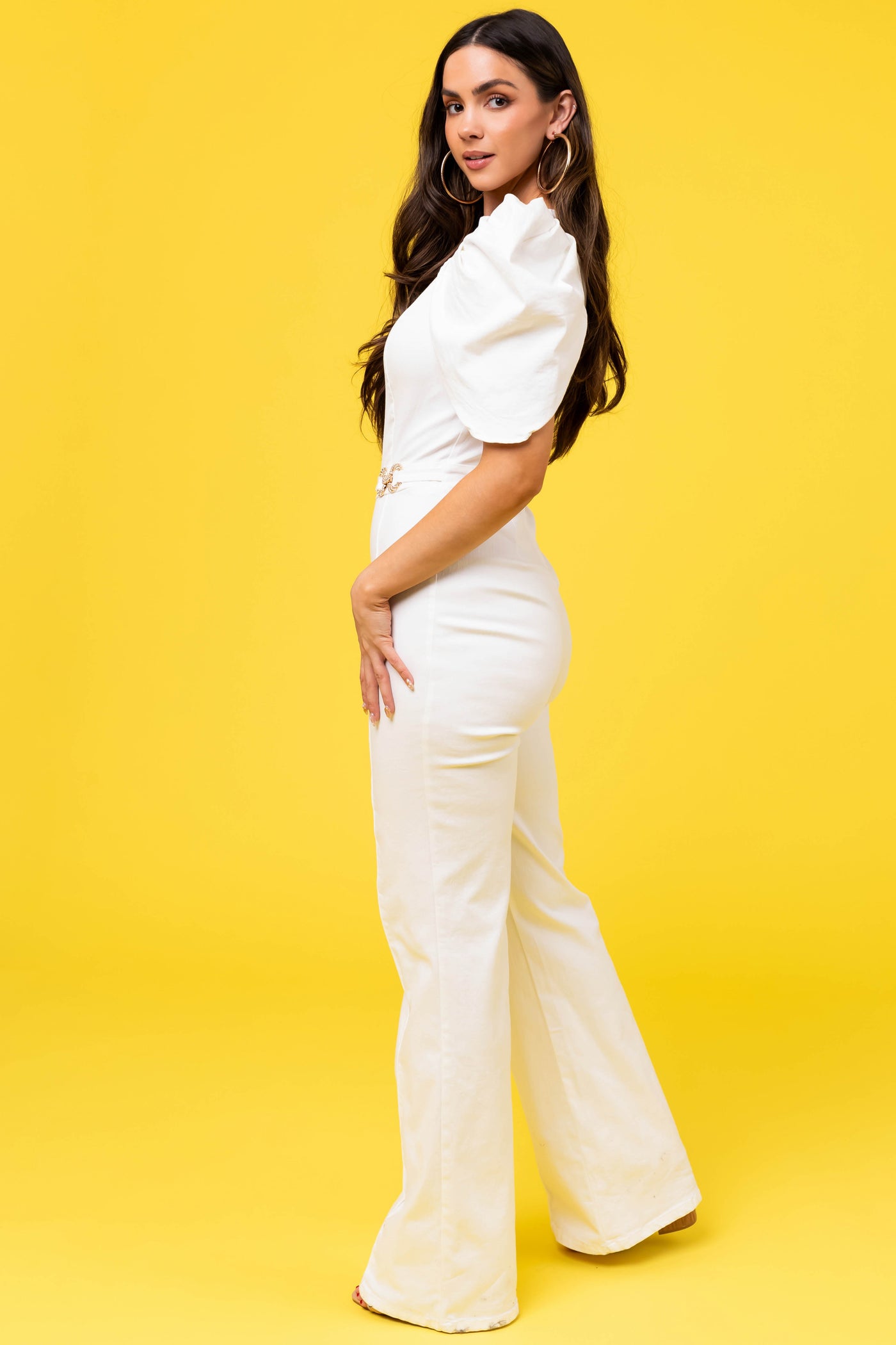 White Denim Jumpsuit with Shell Sleeves