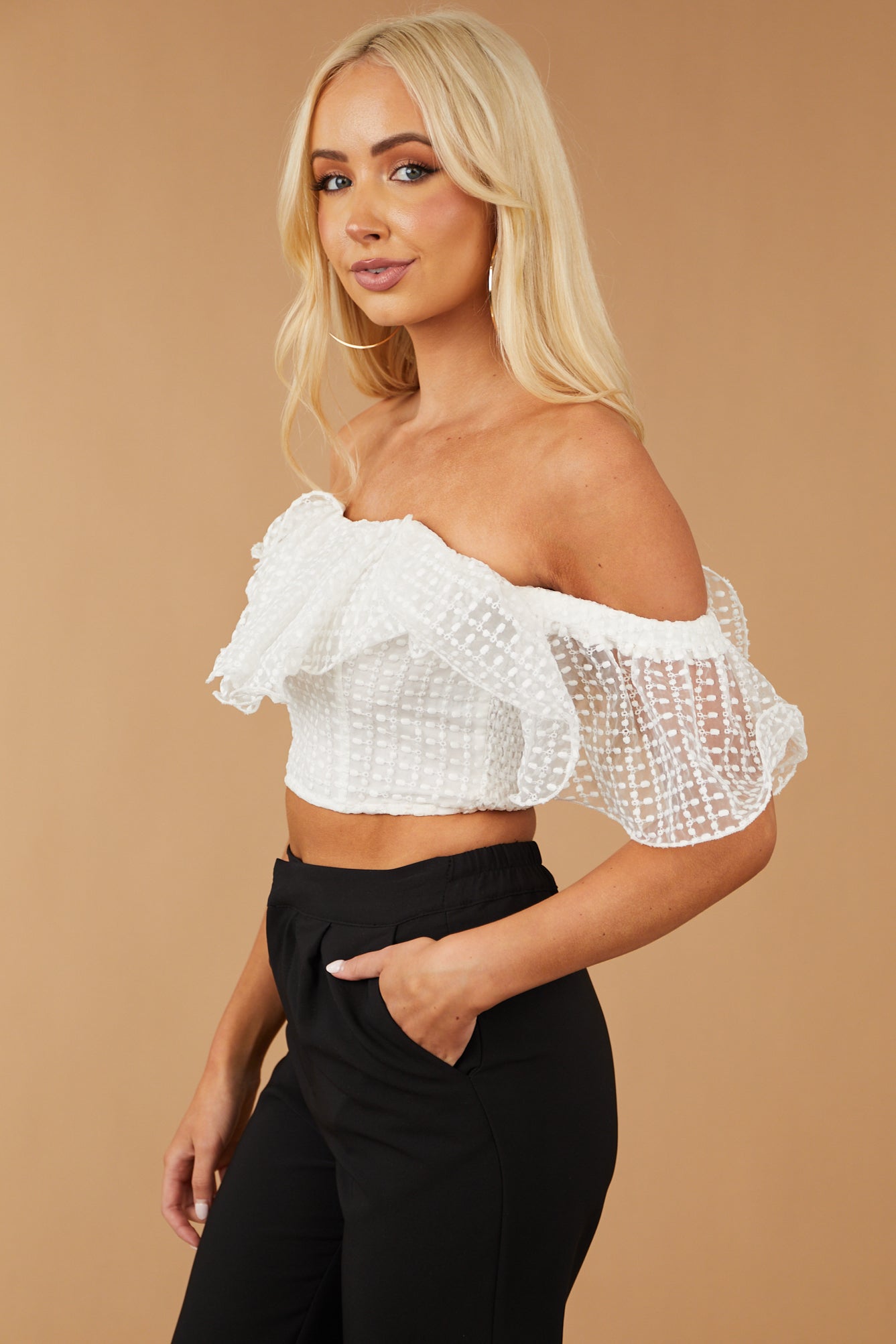 White Embroidery Detail Off Shoulder Ruffle Top