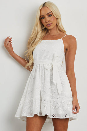 White Eyelet Lace Mini Dress with Waist Tie