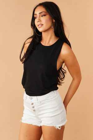 White High Rise Button Fly Distressed Denim Shorts