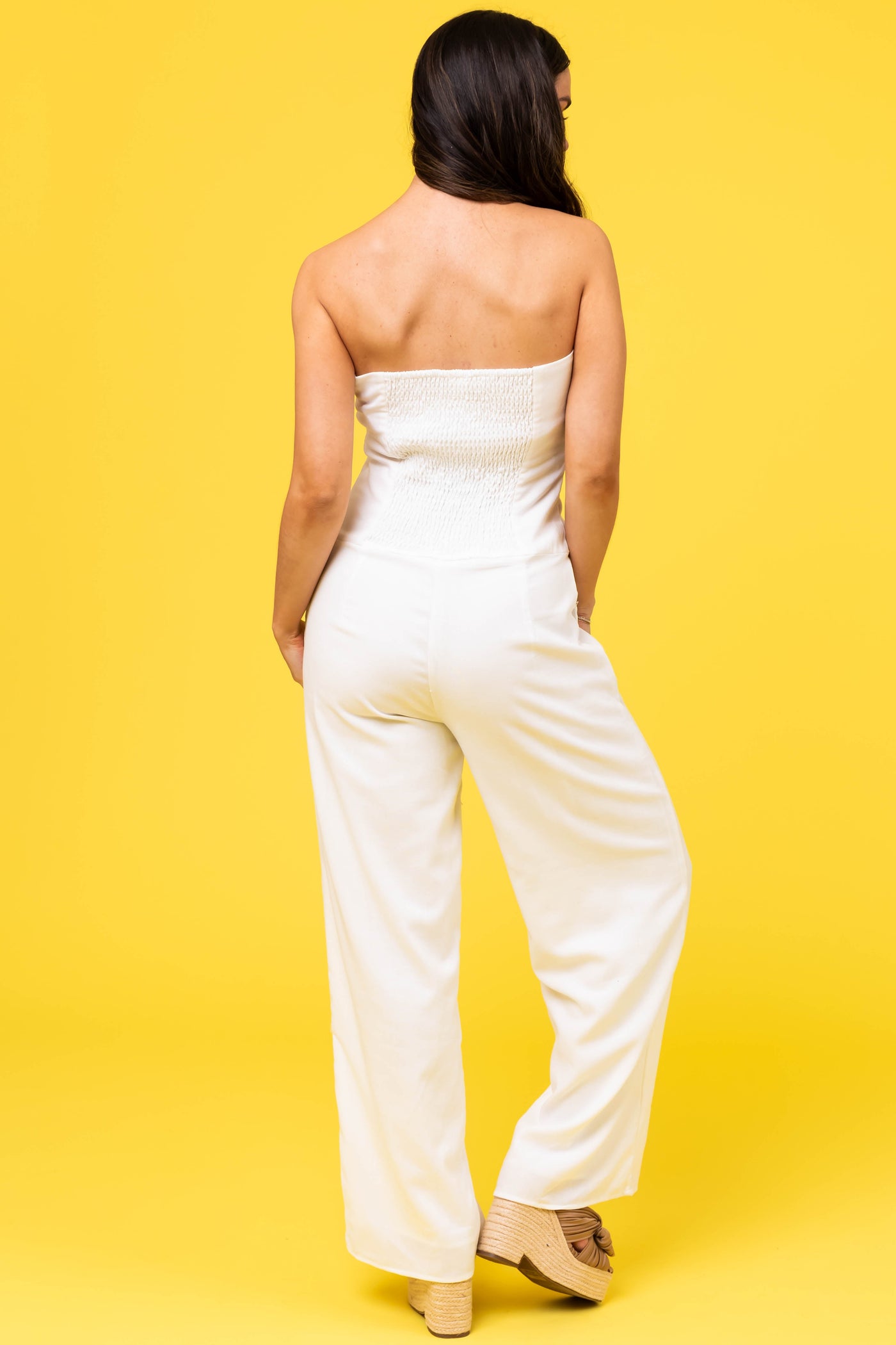 White Linen Strapless Low Waist Jumpsuit