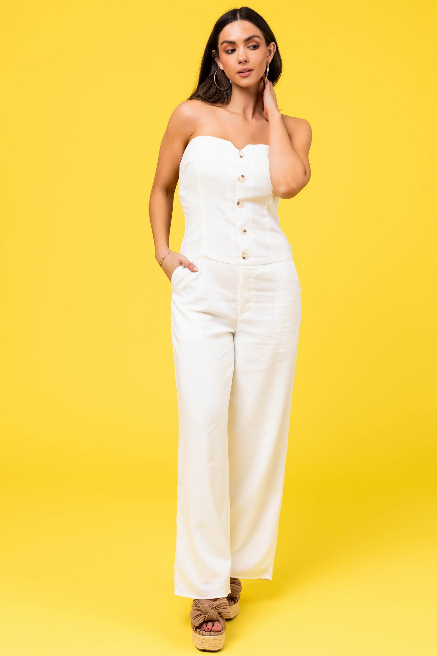 White Linen Strapless Low Waist Jumpsuit