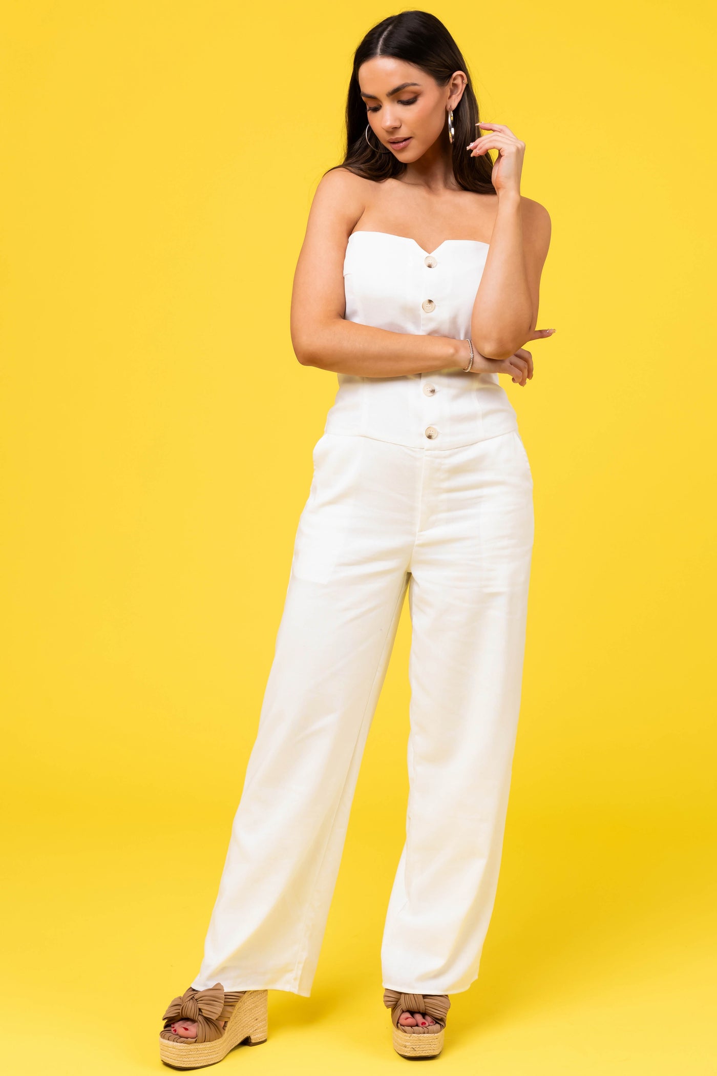 White Linen Strapless Low Waist Jumpsuit