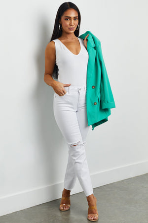 White Mid Rise Distressed Raw Cut Hem Jeans