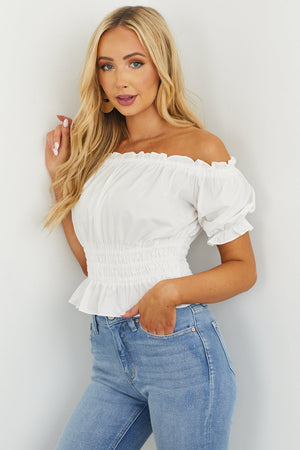 She+Sky White Off Shoulder Puff Sleeve Peplum Blouse