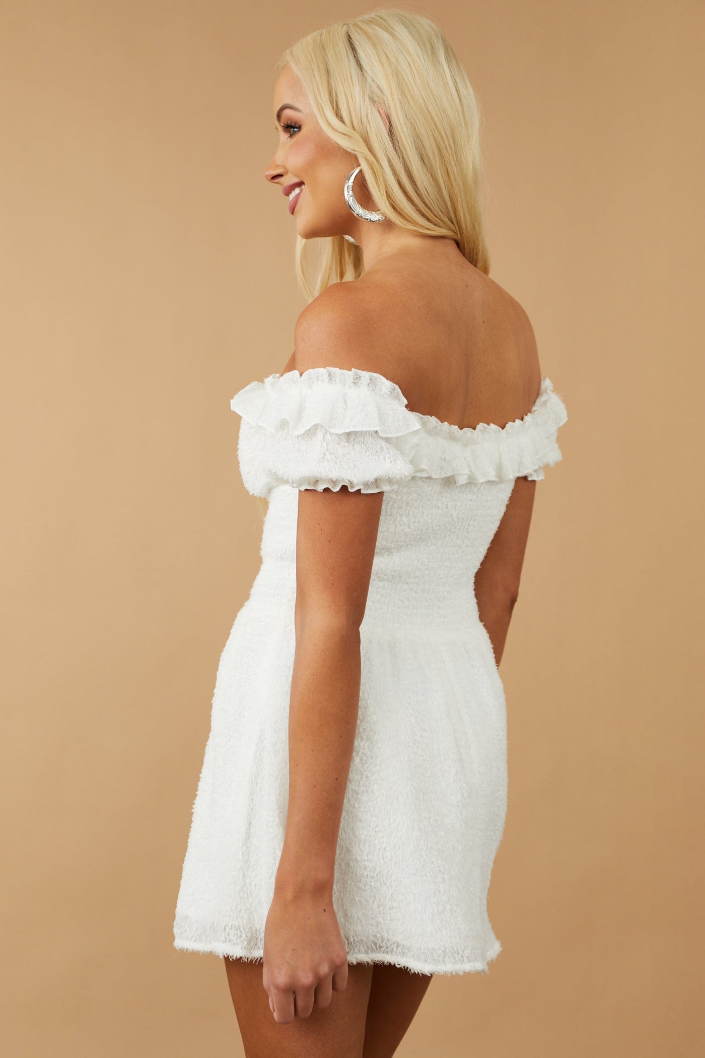 White Off Shoulder Smocked Textured Mini Dress