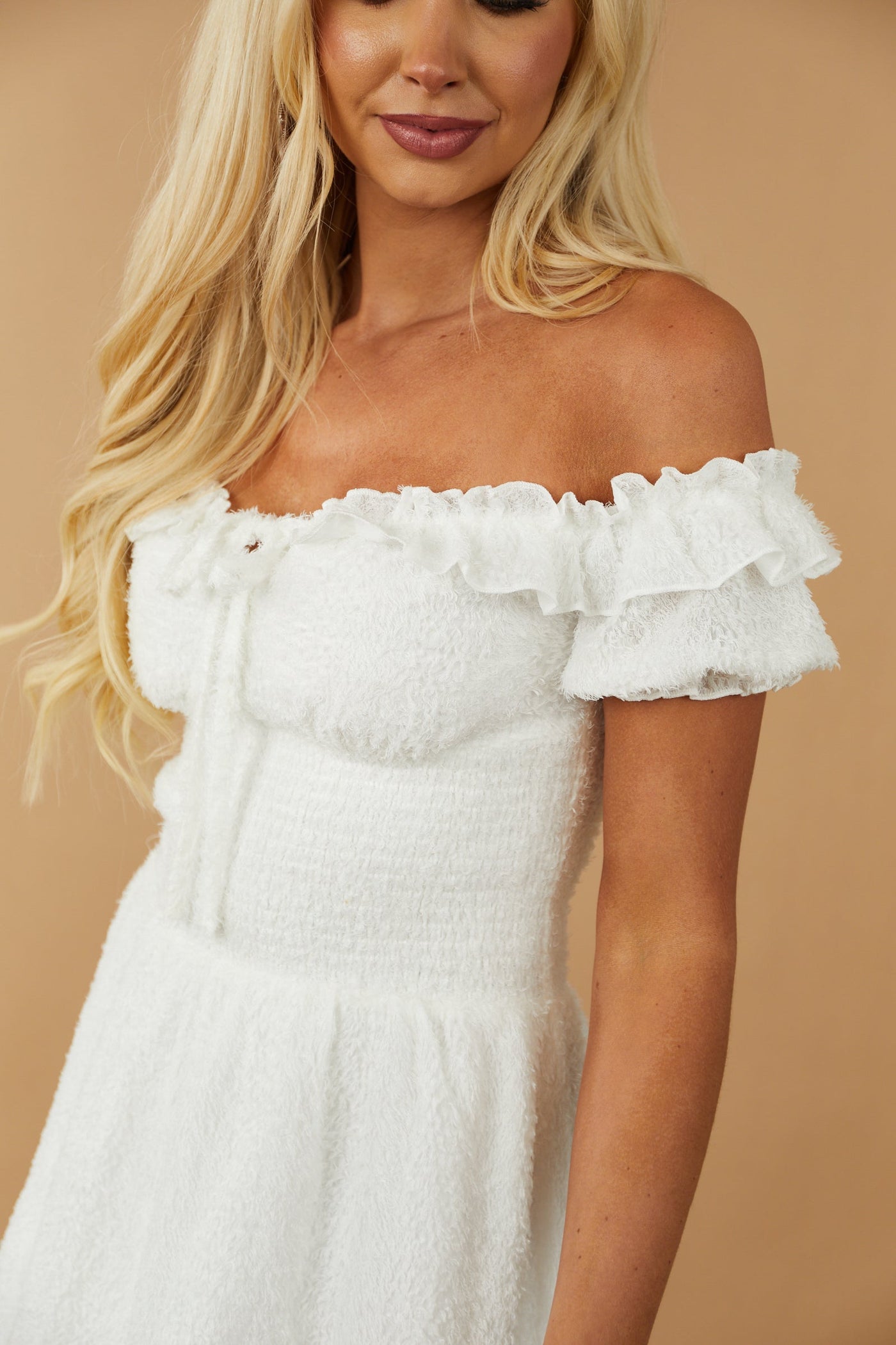 White Off Shoulder Smocked Textured Mini Dress